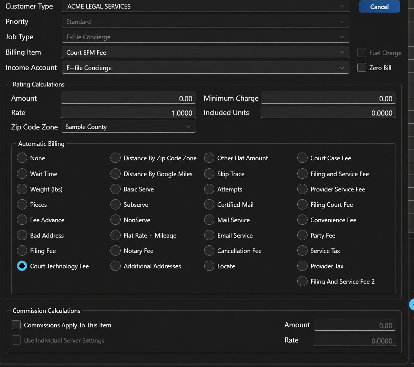 WinServe billing rate configuration with demo data
