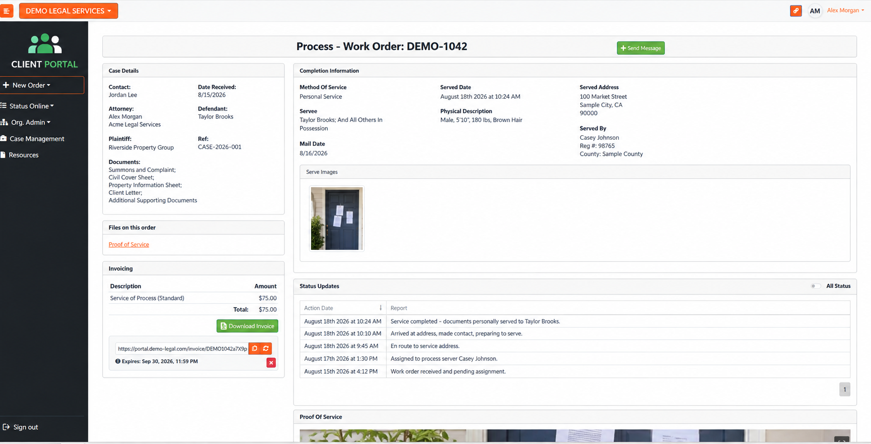 WinServe Client Portal order experience with demo data