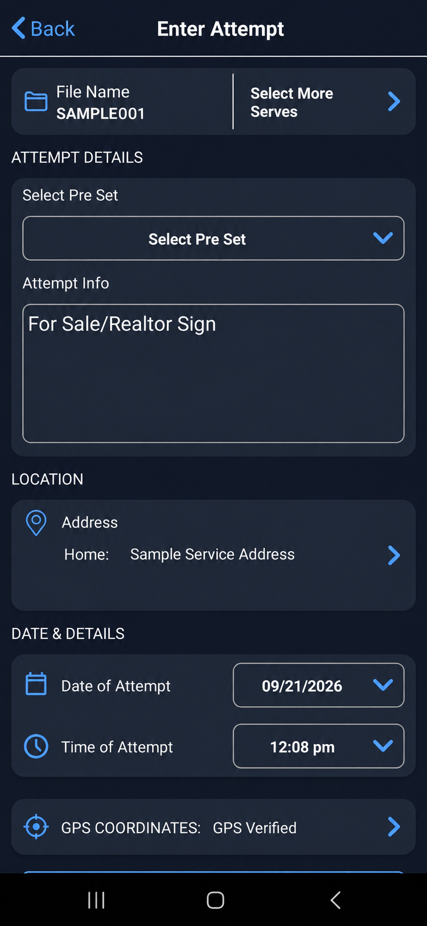WinServeMobile structured attempt entry with sanitized demonstration data