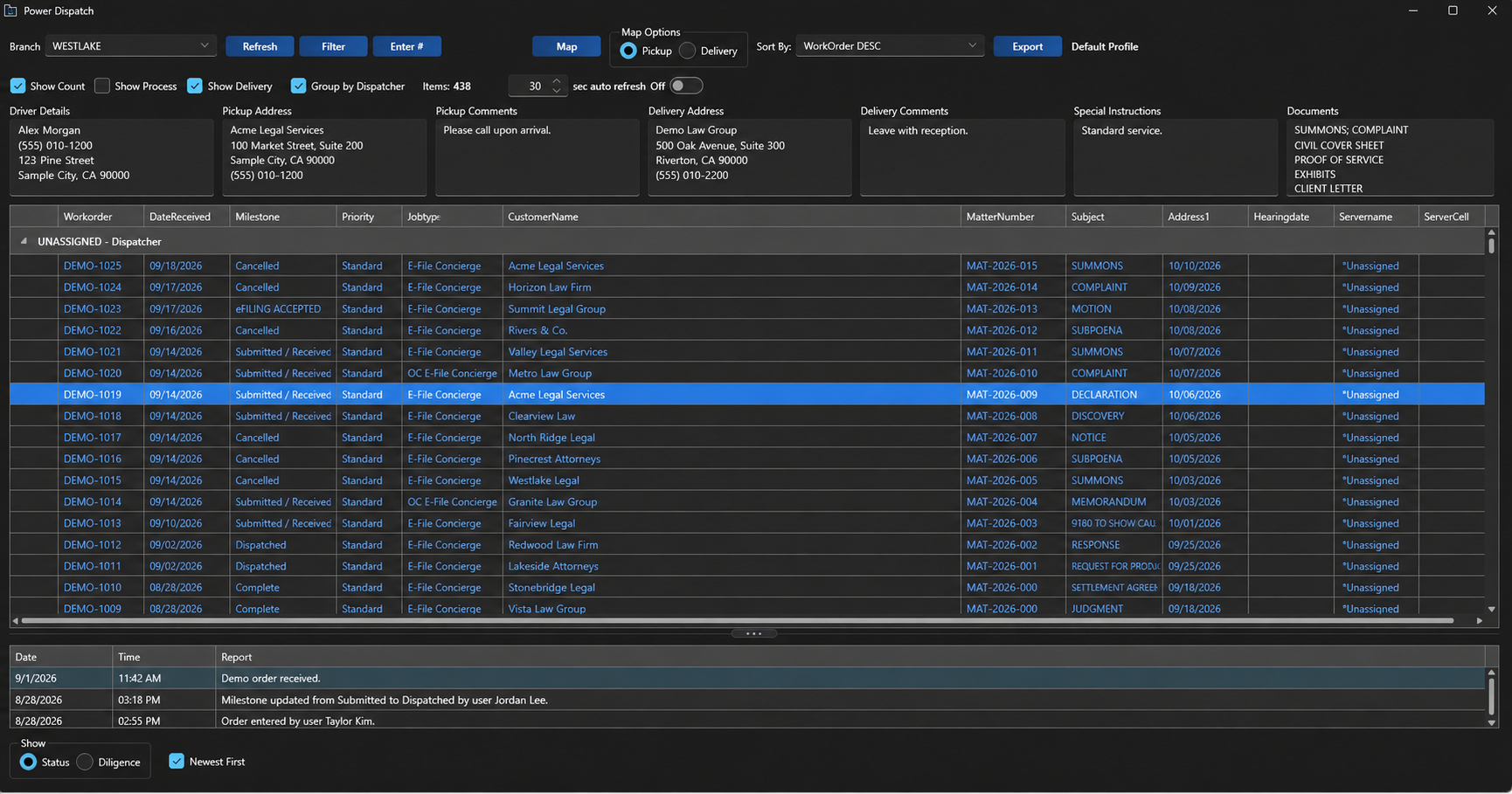 WinServe Power Dispatch work assignment dashboard