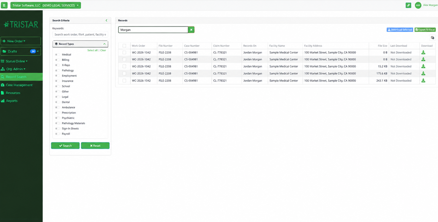 WinCopy client portal records search with demo data