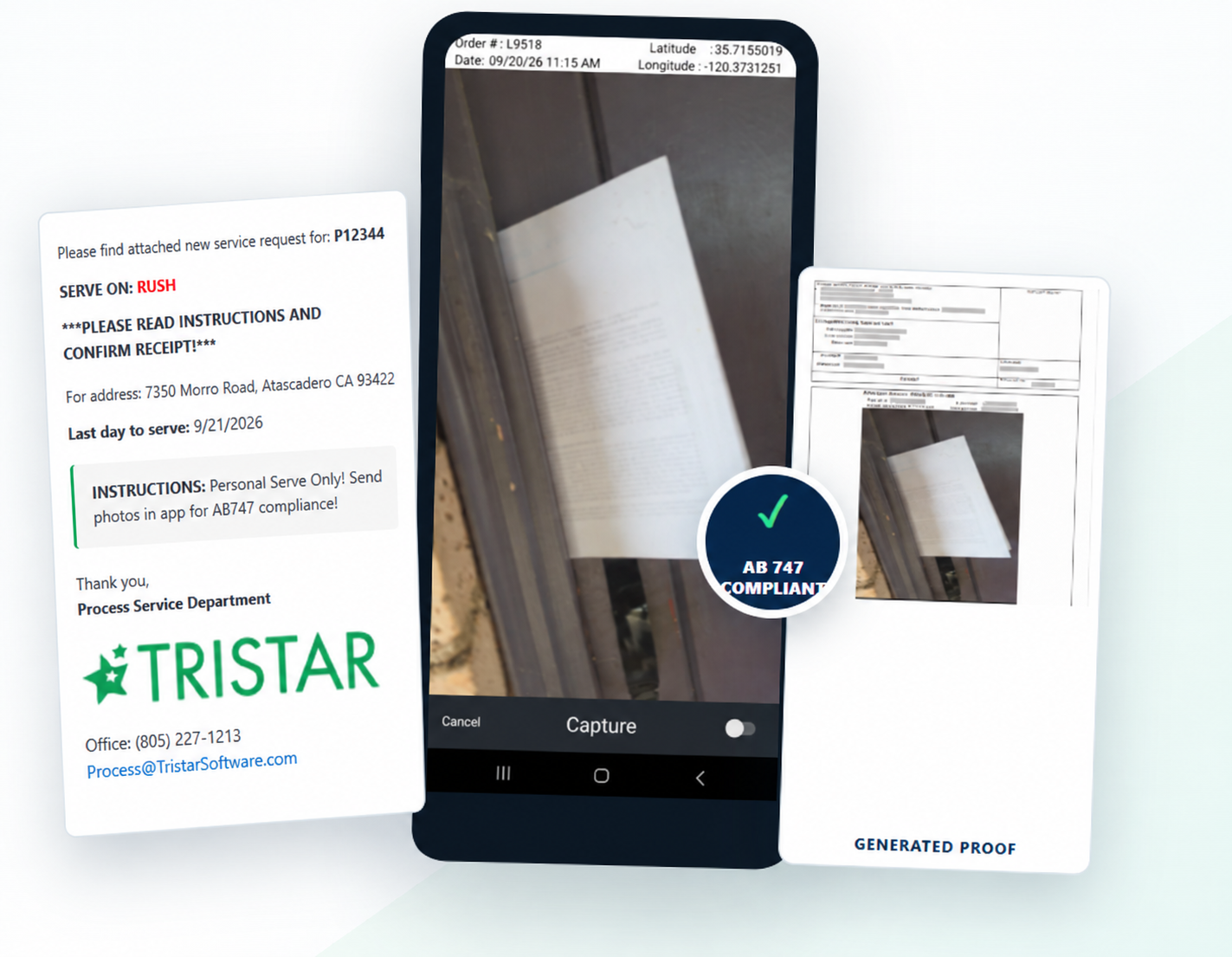 Tristar service request, AB 747 field photo capture and generated proof workflow